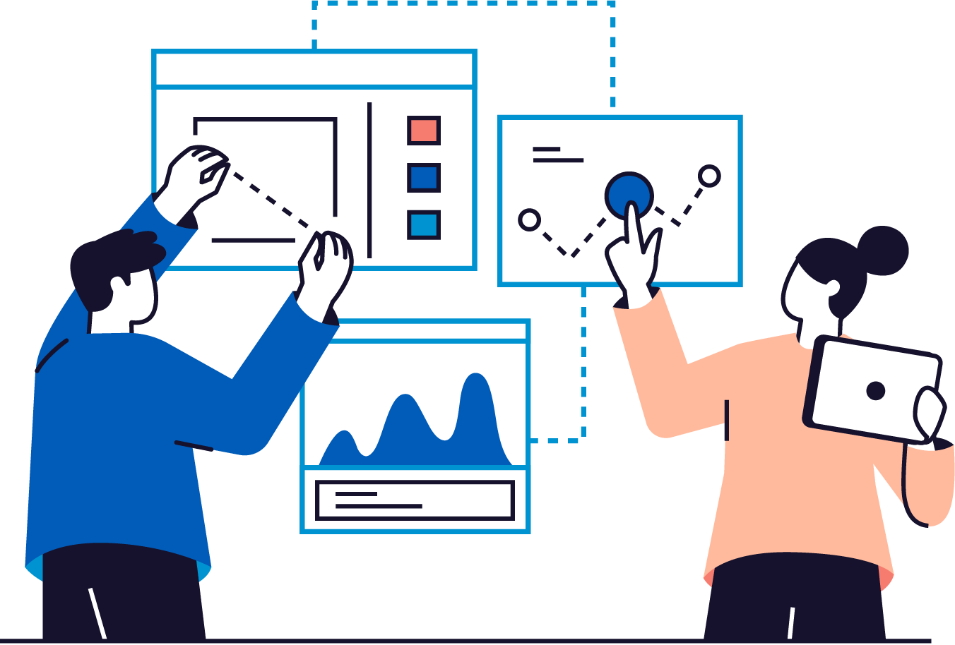 Two market researchers looking at charts and data